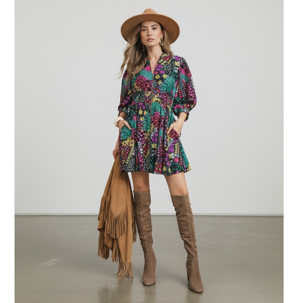 Boho Floral Zip Front Mini Dress Balloon Sleeve Smocked Waist Black Multi S